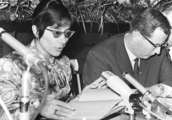 A reading in Berlin, with Brigitte Reimann and Walter Lewerenz, 1966. Photo: German Federal Archives/licensed under the Creative Commons Attribution-Share Alike 3.0 Germany license.