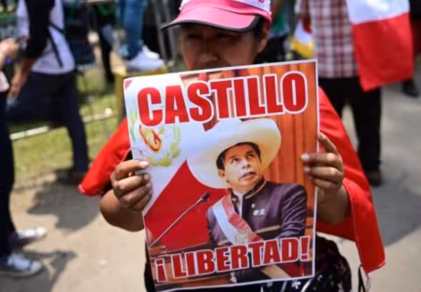 Woman holds a banner with the photo of President Pedro Castillo and the caption “freedom.” Photo: Kawsachun News.