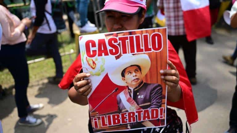 Woman holds a banner with the photo of President Pedro Castillo and the caption “freedom.” Photo: Kawsachun News.