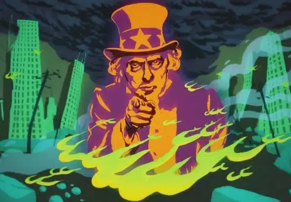 Cartoon showing Uncle Sam pointing his finger between the fire and some buildings in the background. Photo: File photo.