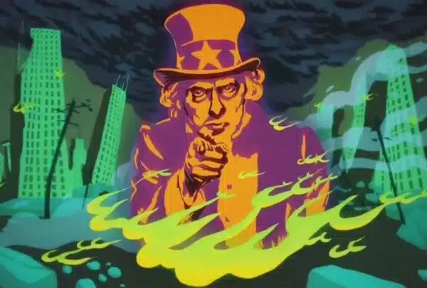 Cartoon showing Uncle Sam pointing his finger between the fire and some buildings in the background. Photo: File photo.
