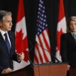 U.S. Secretary of State Antony Blinken and Canadian Foreign Minister Mélanie Joly hold a press conference on Oct. 27, 2022 in Ottawa to both hide and signal their desire to militarily intervene in Haiti. Photo: Blair Gable/AP Photo.