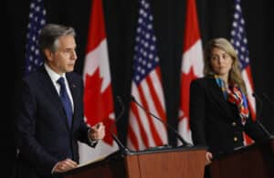 U.S. Secretary of State Antony Blinken and Canadian Foreign Minister Mélanie Joly hold a press conference on Oct. 27, 2022 in Ottawa to both hide and signal their desire to militarily intervene in Haiti. Photo: Blair Gable/AP Photo.