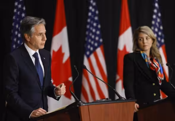 U.S. Secretary of State Antony Blinken and Canadian Foreign Minister Mélanie Joly hold a press conference on Oct. 27, 2022 in Ottawa to both hide and signal their desire to militarily intervene in Haiti. Photo: Blair Gable/AP Photo.