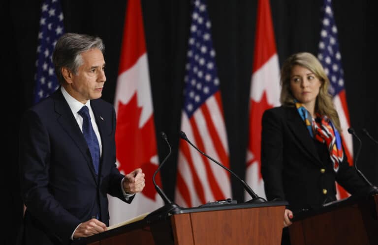 U.S. Secretary of State Antony Blinken and Canadian Foreign Minister Mélanie Joly hold a press conference on Oct. 27, 2022 in Ottawa to both hide and signal their desire to militarily intervene in Haiti. Photo: Blair Gable/AP Photo.