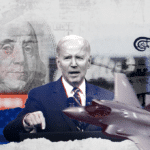 Photographic composition showing: Joe Biden (center), portrait of Benjamin Franklin (left), a war tank and a war plane (right). Photo: Al Mayadeen.