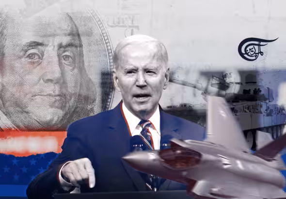 Photographic composition showing: Joe Biden (center), portrait of Benjamin Franklin (left), a war tank and a war plane (right). Photo: Al Mayadeen.