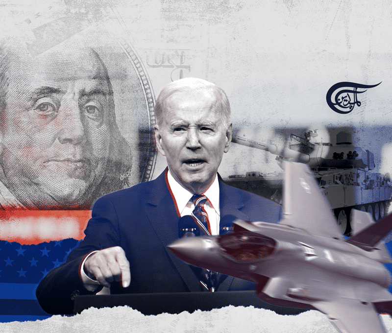 Photographic composition showing: Joe Biden (center), portrait of Benjamin Franklin (left), a war tank and a war plane (right). Photo: Al Mayadeen.