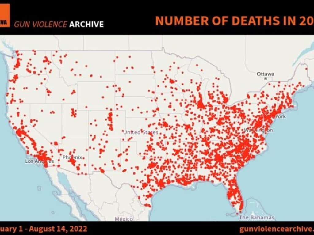 US map showing the states where there is the most gun violence. Photo: gunviolencearchive.org.