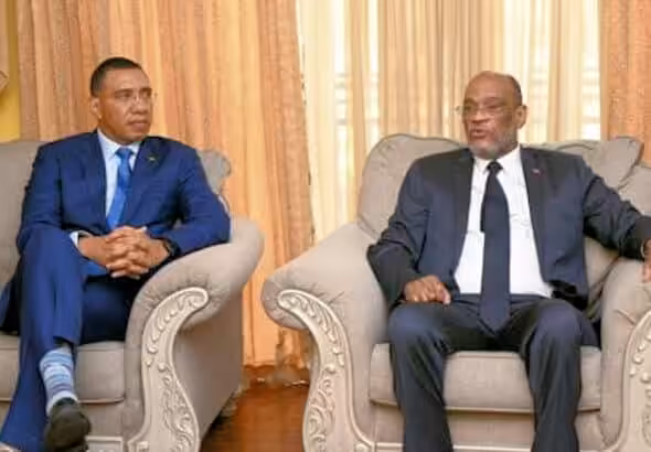 Jamaican PM Andrew Holness with de facto Haitian PM Ariel Henry in Port-au-Prince on Feb. 27, 2023. Photo: CMC