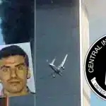 The 9/11 terrorist attack on the World Trade Center in the background, with photos of the two CIA agents who were involved in the crime and the logo of CIA. Photo composition: The Grayzone.