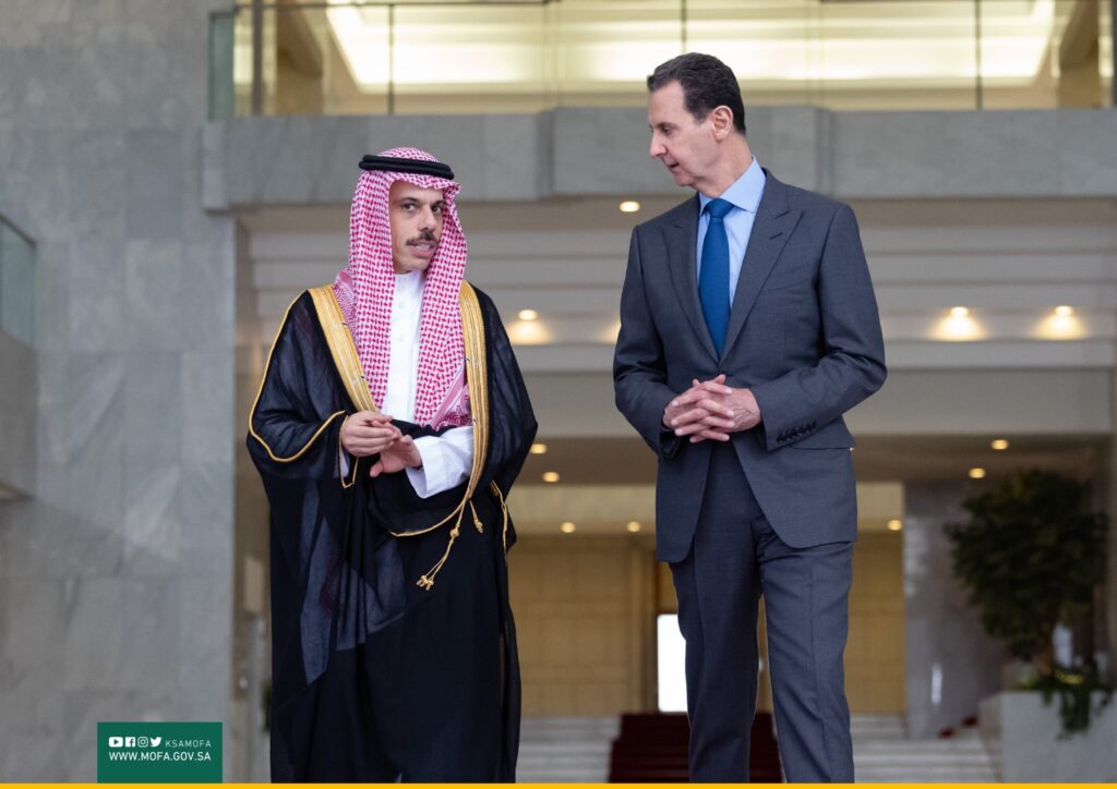 Syrian President Bashar al-Assad (right) receives Saudi Foreign Minister Faisal bin Farhan (left) at the presidential palace in Damascus, Syria, on April 18, 2023. Photo: Saudi Foreign Ministry.