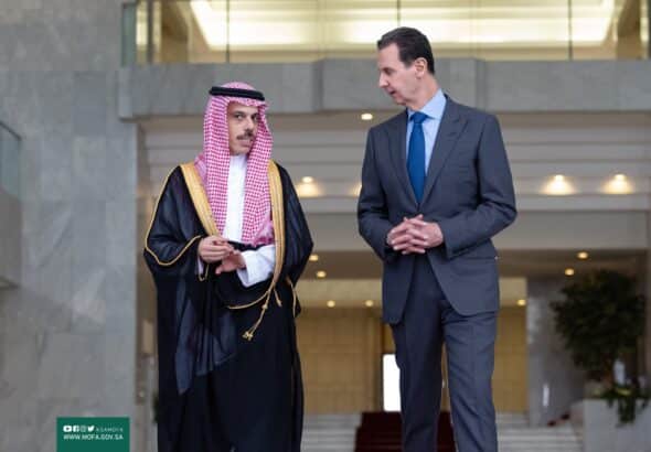 Syrian President Bashar al-Assad (right) receives Saudi Foreign Minister Faisal bin Farhan (left) at the presidential palace in Damascus, Syria, on April 18, 2023. Photo: Saudi Foreign Ministry.