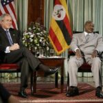 President George W. Bush meets with President Yoweri Museveni of Uganda Friday, July 11, 2003 in Entebbe, Uganda. Photo: Paul Morse/White House.