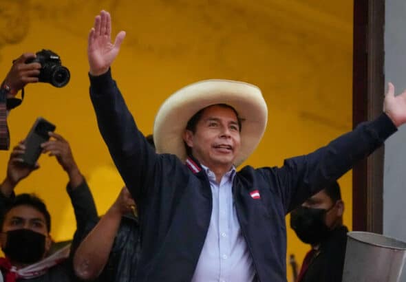 Pedro Castillo celebrating his victory in the presidential elections of Peru, June 7, 2021. Photo: Martin Mejía.