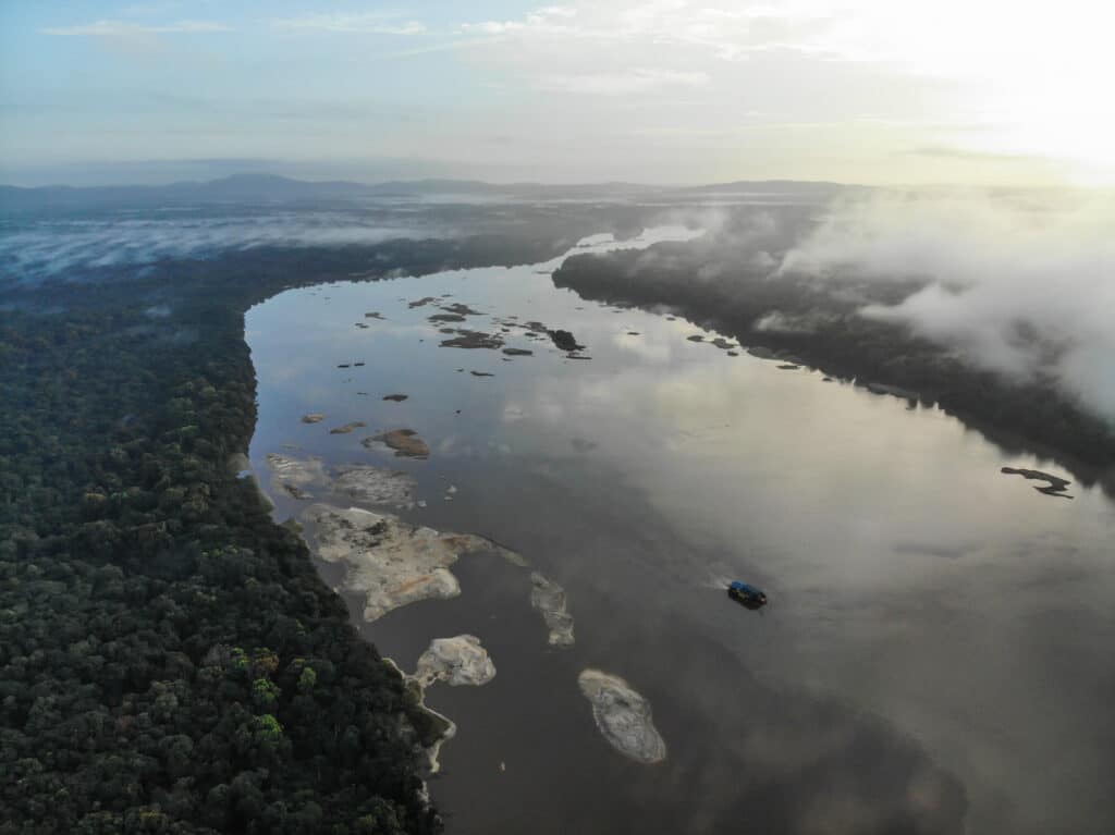 Aerial shot of the Essequibo River, part of the region disputed over by Venezuela and Guyana. Photo: Jon Williams.