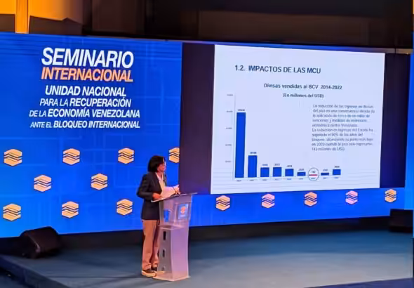 Venezuelan Vice President Delcy Rodríguez speaks at the International Seminar on National Unity for the Recovery of the Venezuelan Economy Amid International Blockade, in Caracas, Venezuela, April 21, 2023. Photo: Vice Presidency of Venezuela.