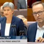 Collage of Julian Assange (left), Penny Wong (center) and David Shoebridge (right). Photo: Cathy Vogan/Consortium News.