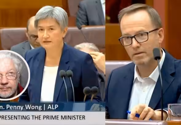 Collage of Julian Assange (left), Penny Wong (center) and David Shoebridge (right). Photo: Cathy Vogan/Consortium News.