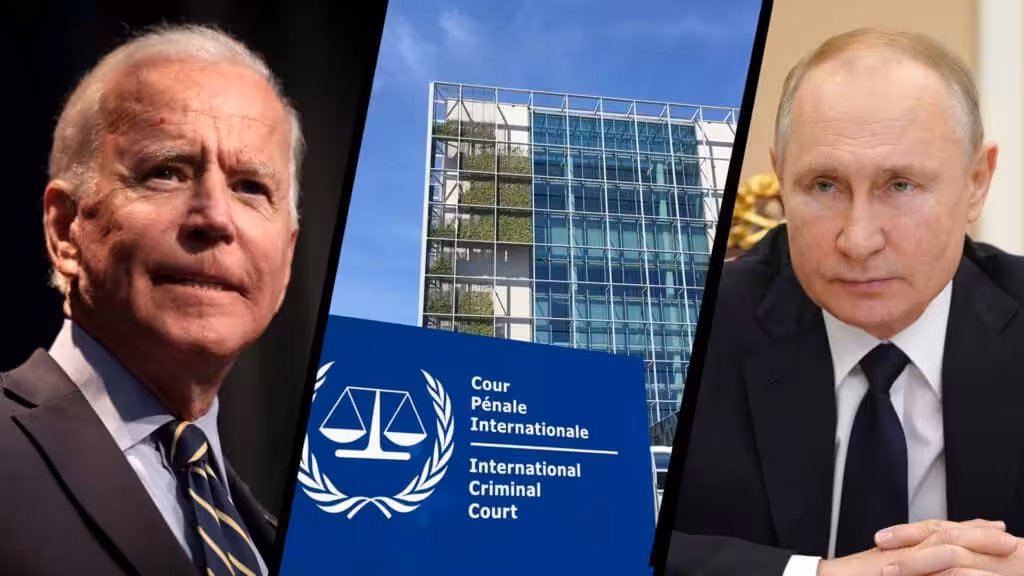 Joe Biden (left) along with the International Criminal Court (center) and Vladimir Putin (right). Photo: Geopolitical Economy.