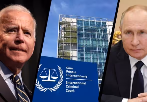 Joe Biden (left) along with the International Criminal Court (center) and Vladimir Putin (right). Photo: Geopolitical Economy.