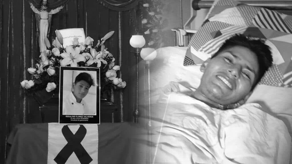 The wake (left) held for Rosalino Flores (right), Peruvian youth killed by police brutality. Photo: elbuho.pe.