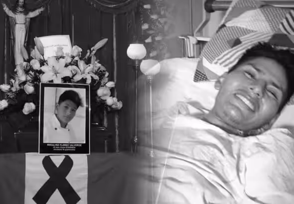 The wake (left) held for Rosalino Flores (right), Peruvian youth killed by police brutality. Photo: elbuho.pe.