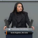 German Left Party MP Sevim Dağdelen calls for US soldiers and nuclear weapons to leave, in the Bundestag on March 31, 2023. Photo: File photo.