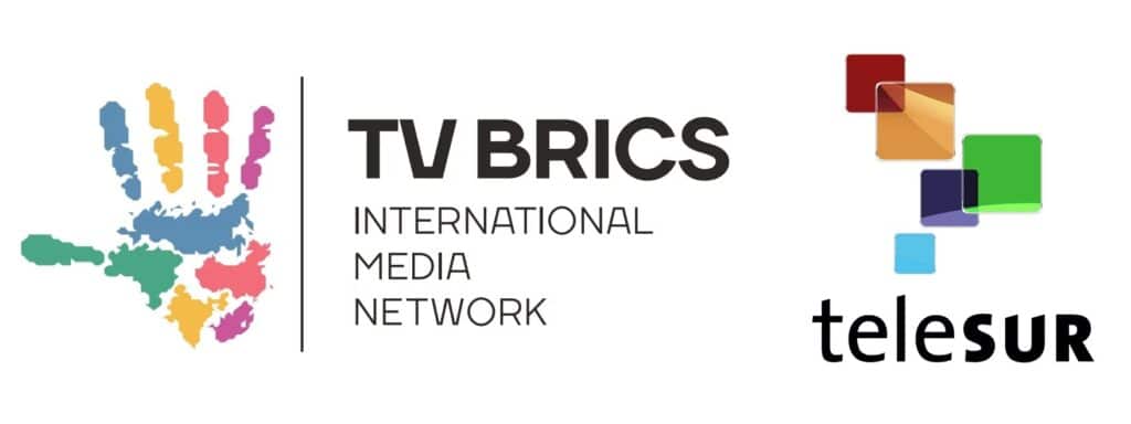 Logos of TV BRICS (left) and Telesur (right). Photo composition: Orinoco Tribune.