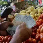 Person counting Venezuelan bank notes in a popular market vegetable stand with tomatoes and onions in the background. Photo: Misión Verdad/file photo.