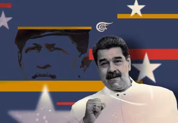 Illustration showing President Maduro with the Venezuelan flag and Hugo Chávez's face in the background. Photo: Al Mayadeen.