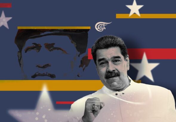 Illustration showing President Maduro with the Venezuelan flag and Hugo Chávez's face in the background. Photo: Al Mayadeen.