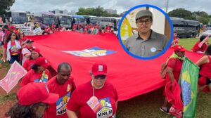 Activists from the MNLM marching in a parade and Gabriel Araújo (top right), the leader of the MNLM. Photo: Kawsachun News.