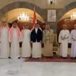 Saudi, Yemeni, and Omani delegates pose for a photo in Sanaa, Yemen on 9 April, 2023. Photo: Ansarallah Media Office via AP.