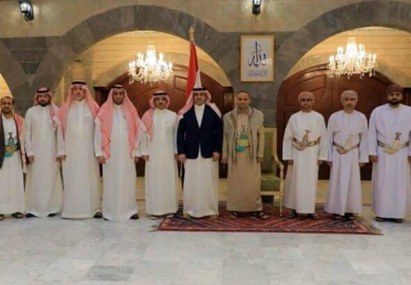 Saudi, Yemeni, and Omani delegates pose for a photo in Sanaa, Yemen on 9 April, 2023. Photo: Ansarallah Media Office via AP.