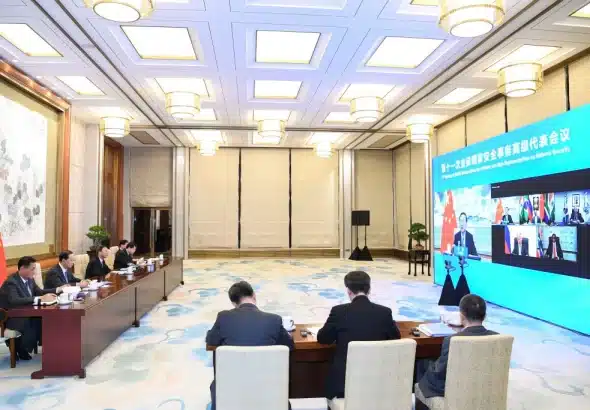 Yang Jiechi attends the 11th BRICS High Representatives Meeting for Security Affairs via video link in Beijing in 2021. Photo: Yin Bogu/Xinhua/Getty Images/File photo.