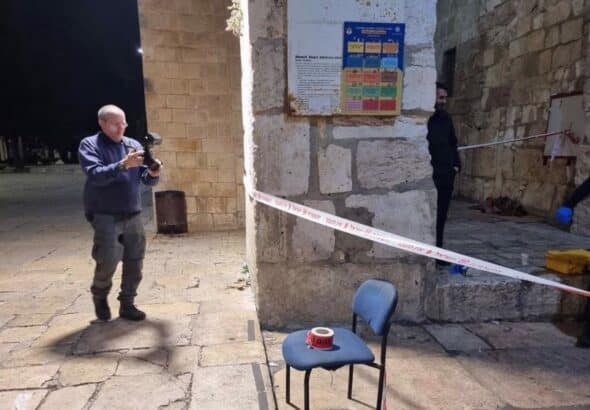 This picture shows the body a 26-year-old Palestinian fatally shot by Israeli forces in front of the Chain Gate to the al-Aqsa Mosque compound in the occupied Old City of al-Quds on March 31, 2023. Photo: Safa.