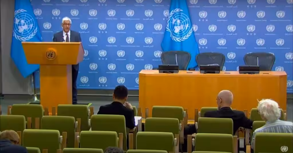 Press conference at the UN between Xu Dezhi of China Global Television Network and the UN spokesperson for Secretary General Farhan Haq. Photo: File photo.