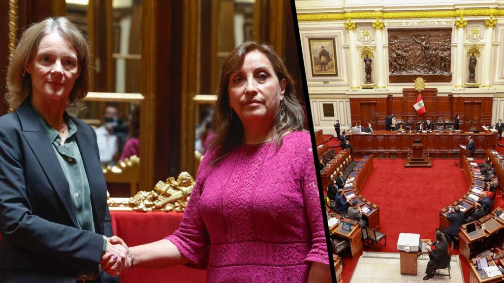 Peru's unelected coup leader Dina Boluarte with the CIA agent turned US Ambassador Lisa Kenna (left); Peru's deeply unpopular congress (right). Photo: Geopolitical Economy.
