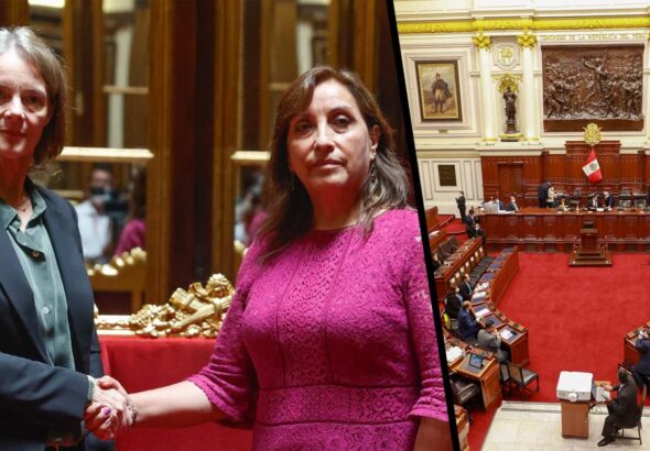 Peru's unelected coup leader Dina Boluarte with the CIA agent turned US Ambassador Lisa Kenna (left); Peru's deeply unpopular congress (right). Photo: Geopolitical Economy.