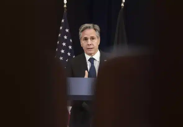 Antony Blinken giving a press briefing, 2023. Photo: Oliver Contreras/AFP.