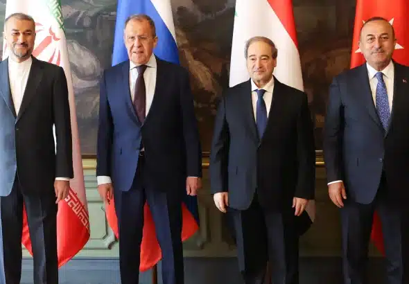 From left to right: The foreign ministers of Iran, Russia, Syria and Türkiye meet in Moscow on May 10. Photo: Cem Ozdel/Anadolu Agency via Getty Images.