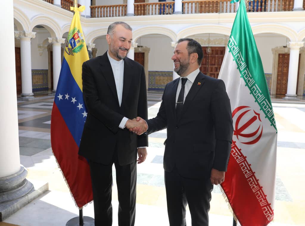 The foreign ministers of Iran and Venezuela, Hosein Amir Abdolahian (left) and Yvan Gil (right) and , respectively, meet in Caracas, Venezuela, February 3, 2023. Photo: Islamic Republic of Iran Ministry of Foreign Affairs.