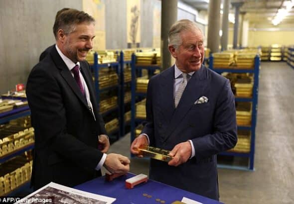 Prince Charles in the gold vaults at the Bank of England. The chambers hold around 400,000 bars of gold worth more than £100 billion. Photo: AFP/Getty Images.