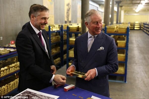 Prince Charles in the gold vaults at the Bank of England. The chambers hold around 400,000 bars of gold worth more than £100 billion. Photo: AFP/Getty Images.