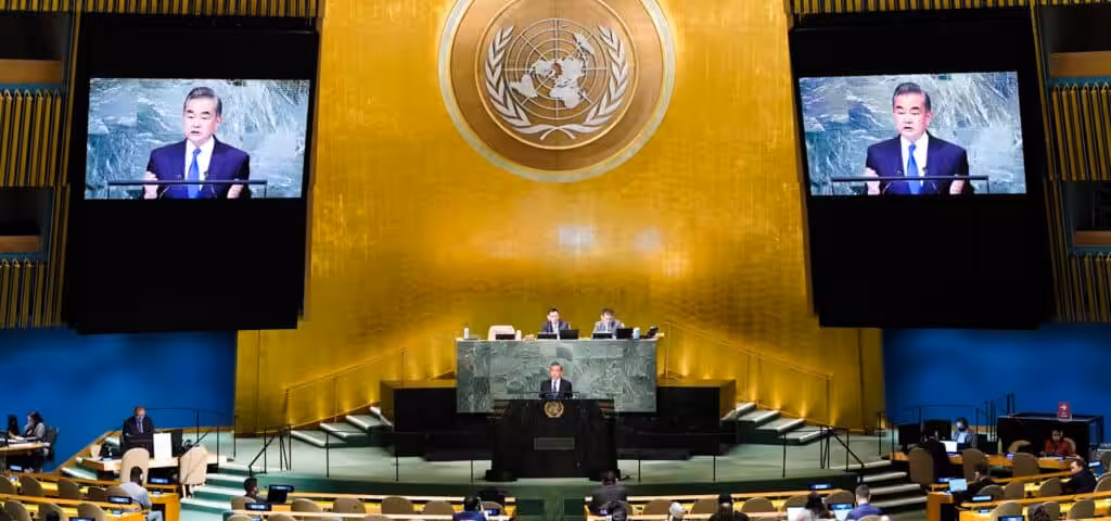 Foreign Minister of China Wang Yi addresses the 77th session of the United Nations General Assembly, Saturday, Sept. 24, 2022 at U.N. headquarters. Photo: Mary Altaffer/AP.