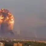 Fireball over an ammunitions depot allegedly storing depleted uranium weapons in the Ukrainian town of Khmelnitski. Photo: Social media.