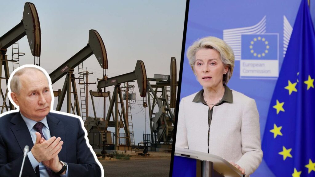 Photo composition showing Russian President Vladimir Putin (left) with an oil field in the background, and President of the European Commission Ursula von der Leyen (right). Photo: Geopolitical Economy.