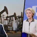 Photo composition showing Russian President Vladimir Putin (left) with an oil field in the background, and President of the European Commission Ursula von der Leyen (right). Photo: Geopolitical Economy.