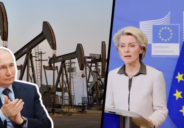 Photo composition showing Russian President Vladimir Putin (left) with an oil field in the background, and President of the European Commission Ursula von der Leyen (right). Photo: Geopolitical Economy.